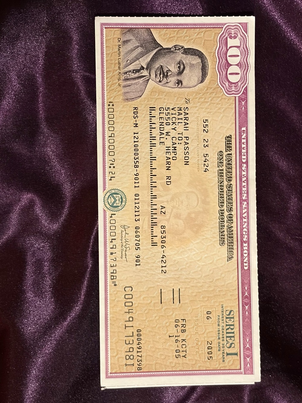 Unredeemed United States Savings Bond $100 - Martin Luther King Series I